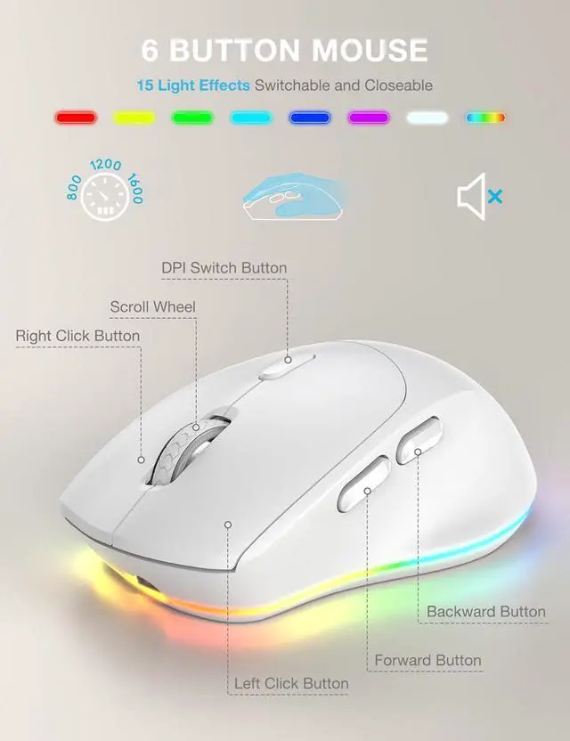 Alt view image 7 of 7 - SABLUTE Wireless Keyboard and Mouse Combo, 9 Backlit Effects, Wrist Rest, Phone Holder, 2.4G Lag-Free Ergonomic Keyboards, Rechargeable Silent Cordless Set for Computer, Laptop (White & Black)