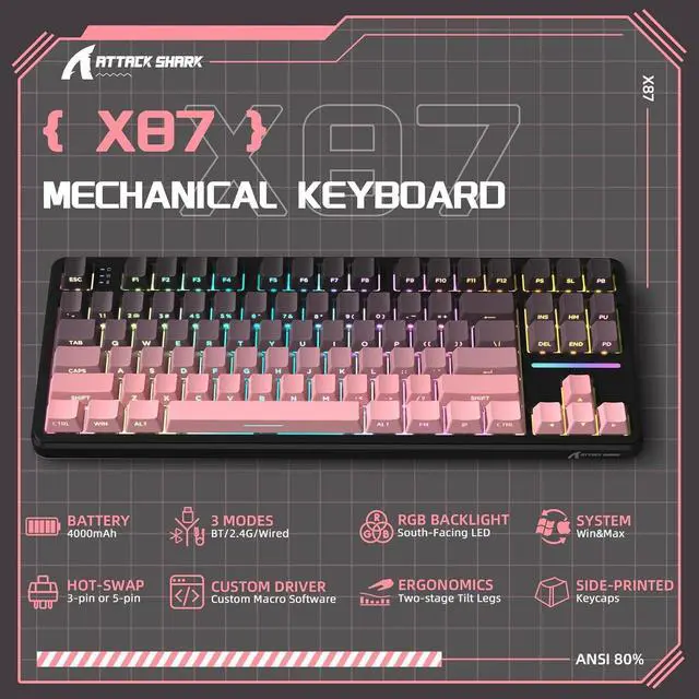 Alt view image 2 of 7 - ATTACK SHARK X87 Wireless Keyboard, 75% Gasket Hot Swappable Custom Mechanical Keyboard, Tri-Mode 2.4G/USB-C/BT5.0 RGB Backlit Gaming Keyboard for Win/Mac/PC, 4000mAh Battery, PBT Keycaps(Pink Black)