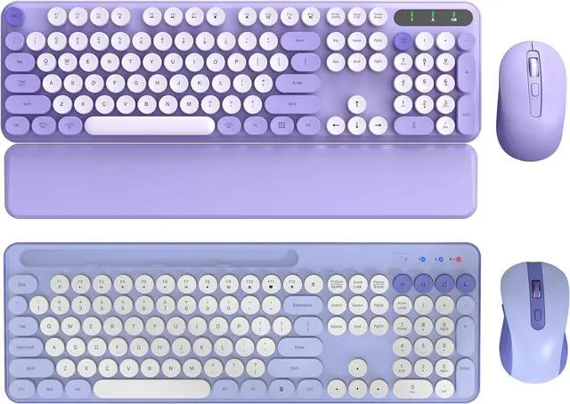 Main image of Purple Colorful Wireless Keyboard and Mouse Combo 2 PCS, Cute Round Keycaps, Full-Size Retro Typewriter Keyboard with Detachable Wrist Rest or Phone/Tablet Holder, for Computer/Laptop/Windows/Mac