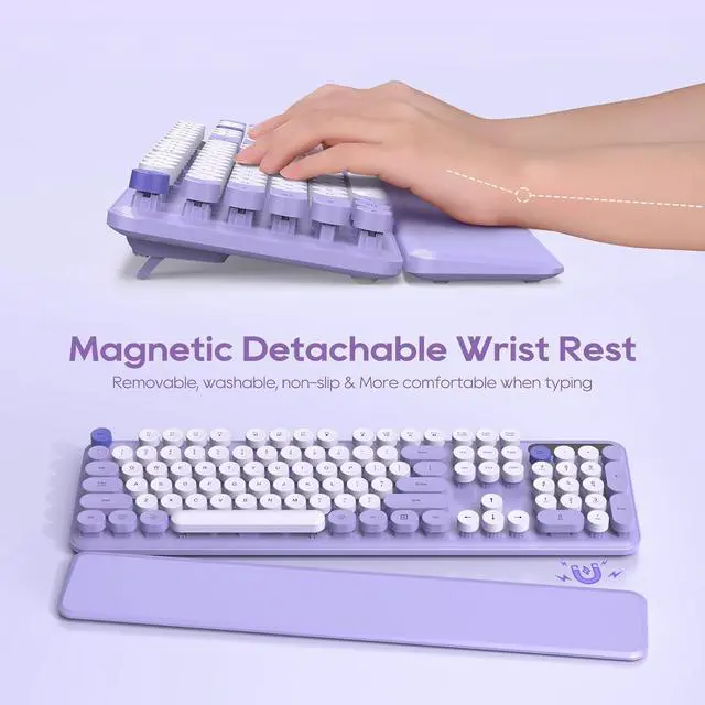 Alt view image 2 of 7 - Purple Colorful Wireless Keyboard and Mouse Combo 2 PCS, Cute Round Keycaps, Full-Size Retro Typewriter Keyboard with Detachable Wrist Rest or Phone/Tablet Holder, for Computer/Laptop/Windows/Mac