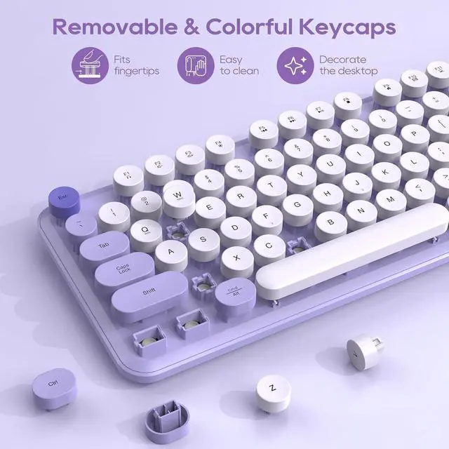 Alt view image 3 of 7 - Purple Colorful Wireless Keyboard and Mouse Combo 2 PCS, Cute Round Keycaps, Full-Size Retro Typewriter Keyboard with Detachable Wrist Rest or Phone/Tablet Holder, for Computer/Laptop/Windows/Mac