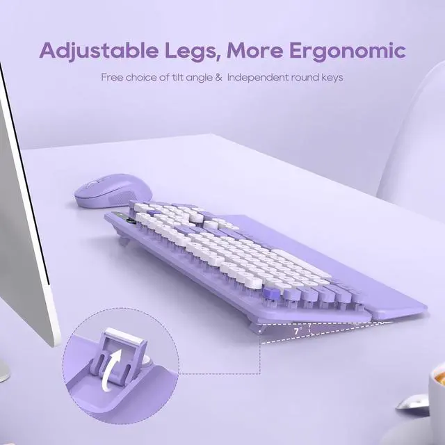 Alt view image 4 of 7 - Purple Colorful Wireless Keyboard and Mouse Combo 2 PCS, Cute Round Keycaps, Full-Size Retro Typewriter Keyboard with Detachable Wrist Rest or Phone/Tablet Holder, for Computer/Laptop/Windows/Mac