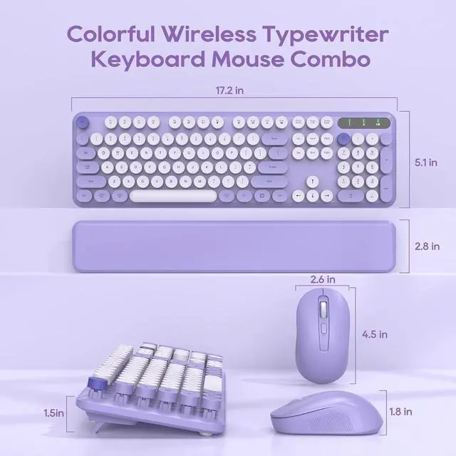 Alt view image 5 of 7 - Purple Colorful Wireless Keyboard and Mouse Combo 2 PCS, Cute Round Keycaps, Full-Size Retro Typewriter Keyboard with Detachable Wrist Rest or Phone/Tablet Holder, for Computer/Laptop/Windows/Mac