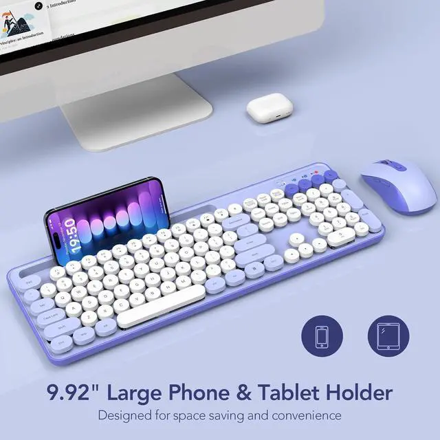 Alt view image 6 of 7 - Purple Colorful Wireless Keyboard and Mouse Combo 2 PCS, Cute Round Keycaps, Full-Size Retro Typewriter Keyboard with Detachable Wrist Rest or Phone/Tablet Holder, for Computer/Laptop/Windows/Mac