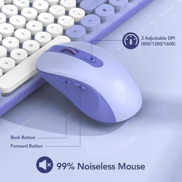Alt view image 7 of 7 - Purple Colorful Wireless Keyboard and Mouse Combo 2 PCS, Cute Round Keycaps, Full-Size Retro Typewriter Keyboard with Detachable Wrist Rest or Phone/Tablet Holder, for Computer/Laptop/Windows/Mac