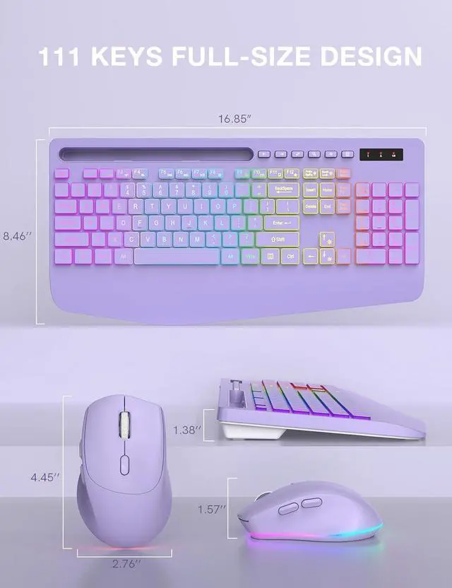 Alt view image 5 of 7 - SABLUTE Wireless Keyboard and Mouse Combo, 9 Backlit Effects, Wrist Rest, Phone Holder, 2.4G Lag-Free Ergonomic Keyboards, Rechargeable Silent Cordless Set for Computer, Laptop (Purple & Black)