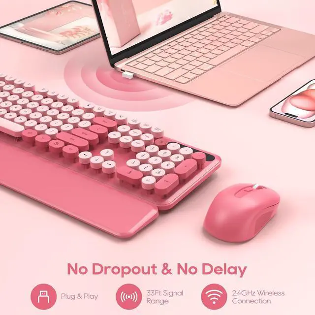 Alt view image 5 of 7 - Wireless Keyboard and Mouse Combo - Round Keycaps, Full-Size Retro Typewriter Keyboard with Detachable Wrist Rest, Sleep Mode & Tilt Legs, 2.4GHz Cordless Connection for Mac/Windows/PC (Hot Pink)