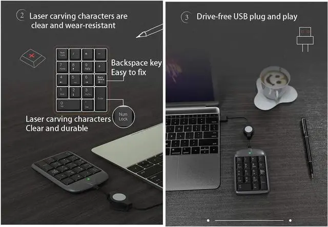 Alt view image 4 of 7 - ARCH Mini Numeric Keypad, Portable Keyboard Computer Ergonomic, USB Telescopic Cable for Banking, Cash Register, Accounting