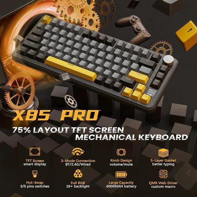 Alt view image 2 of 7 - ATTACK SHARK X85 Pro Wireless Gaming Keyboard,Hot Swappable,Tri-Mode(BT 5.1/2.4Ghz/Type-C),Gasket, TFT Display & Knob,75% Layout,PBT Keycaps,QMK Custom for PC/MAC-Black/Linear Blueberry Switch