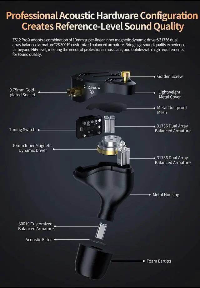 Alt view image 6 of 7 - KZ ZS12 PRO X in Ear Monitor with Adjust Tuning Switch Earphone,KZ ZS10 PRO X Upgraded Version 1DD+5BA HiFi Wired Earbuds Noise Cancelling Earphone with Full Metal Cavity for Musicians/Singers