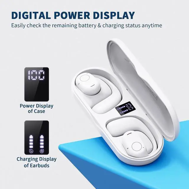 Alt view image 6 of 7 - PSIER Open Ear Bluetooth Headphones, 40 Hours Playtime Bluetooth 5.3 Wireless Sports Earbuds with Digital Display Charging Case, White