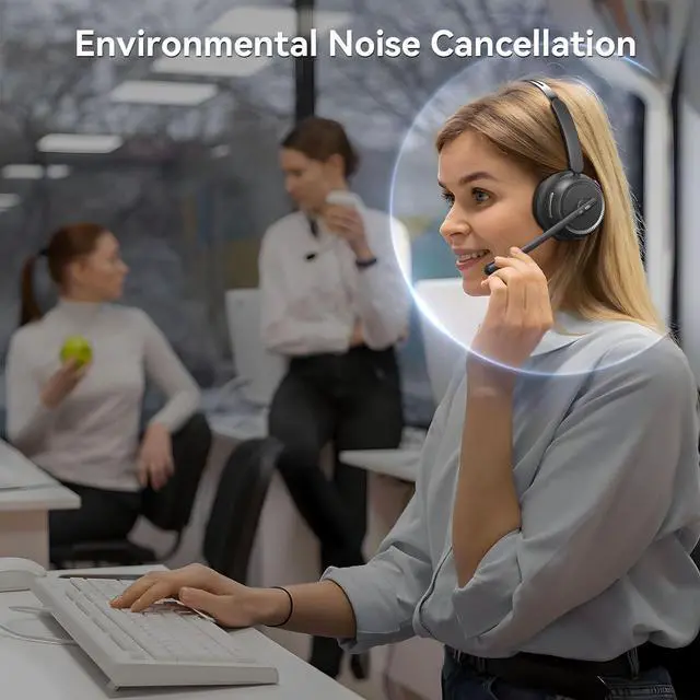 Alt view image 2 of 7 - Wireless Headset with AI Noise Cancelling Wireless Headphones with Mic for Work & Call Center (65 Hrs Playtime Mute Button) - Black