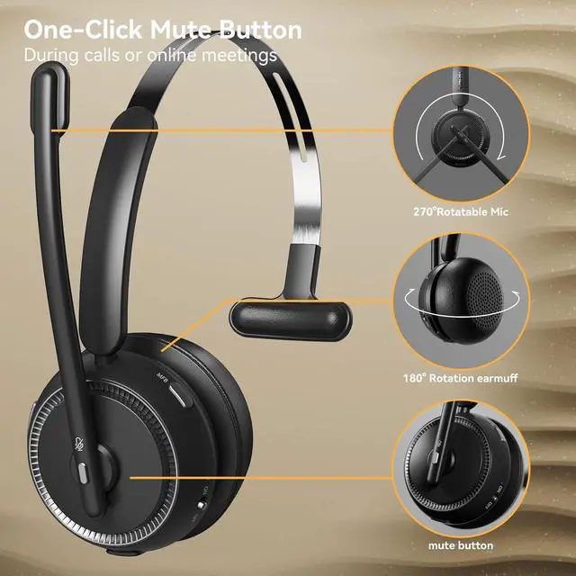 Alt view image 6 of 7 - Wireless Headset with AI Noise Cancelling Wireless Headphones with Mic for Work & Call Center (65 Hrs Playtime Mute Button) - Black