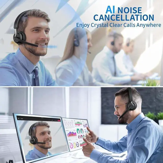 Alt view image 5 of 6 - Wireless Headset with Mic, Bluetooth Headset with AI Noise Cancelling Microphone & Charging Base, 2.4GHz Wireless Headphones with USB Dongle for PC/Computer/Laptop/Remote Work/Call Center/Zoom