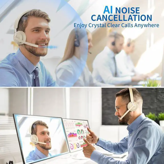 Alt view image 5 of 6 - Wireless Headset with Mic for Work, Bluetooth Headset with AI Noise Cancelling Microphone & Charging Base, 2.4GHz Wireless Headphones with USB Dongle for Computer/Remote Work/Call Center/Zoom