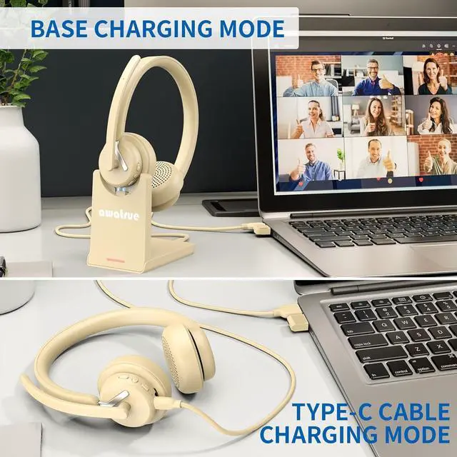 Alt view image 6 of 6 - Wireless Headset with Mic for Work, Bluetooth Headset with AI Noise Cancelling Microphone & Charging Base, 2.4GHz Wireless Headphones with USB Dongle for Computer/Remote Work/Call Center/Zoom