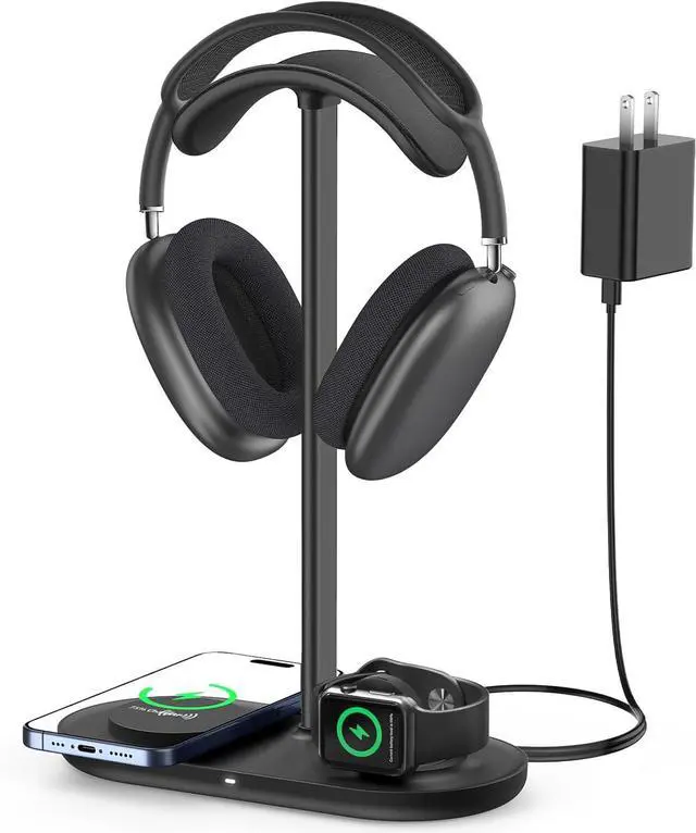 Main image of 3-in-1 Headphone Stand - Universal Desktop Gaming Headset Holder with Wireless Charger for Phones/AirPods/iWatch, Aluminum Alloy Rod, Leather Pad, ABS Solid Base, Black
