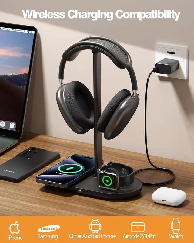 Alt view image 3 of 7 - 3-in-1 Headphone Stand - Universal Desktop Gaming Headset Holder with Wireless Charger for Phones/AirPods/iWatch, Aluminum Alloy Rod, Leather Pad, ABS Solid Base, Black