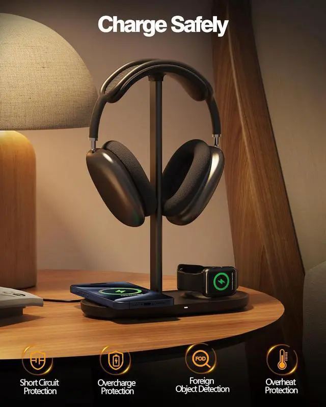 Alt view image 4 of 7 - 3-in-1 Headphone Stand - Universal Desktop Gaming Headset Holder with Wireless Charger for Phones/AirPods/iWatch, Aluminum Alloy Rod, Leather Pad, ABS Solid Base, Black