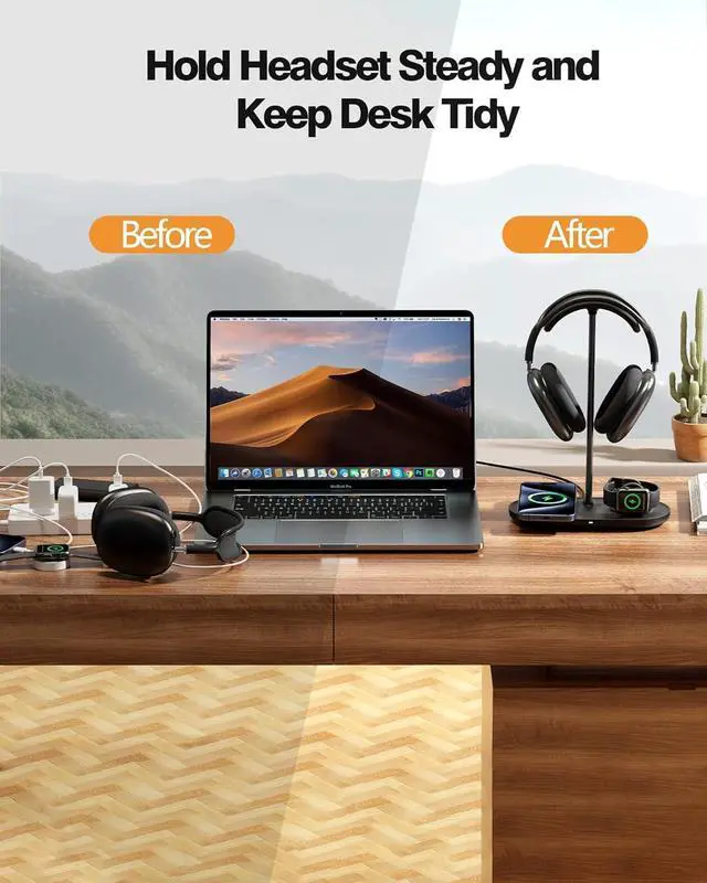 Alt view image 5 of 7 - 3-in-1 Headphone Stand - Universal Desktop Gaming Headset Holder with Wireless Charger for Phones/AirPods/iWatch, Aluminum Alloy Rod, Leather Pad, ABS Solid Base, Black