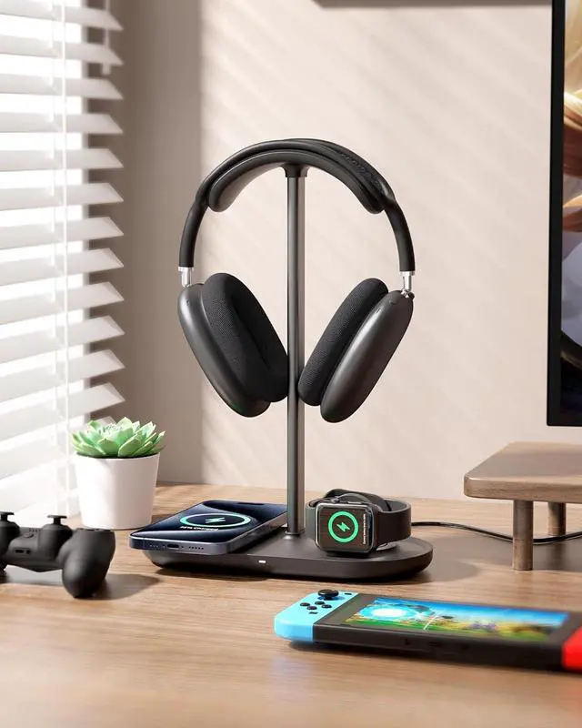 Alt view image 6 of 7 - 3-in-1 Headphone Stand - Universal Desktop Gaming Headset Holder with Wireless Charger for Phones/AirPods/iWatch, Aluminum Alloy Rod, Leather Pad, ABS Solid Base, Black