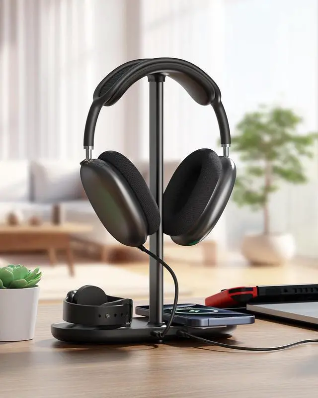 Alt view image 7 of 7 - 3-in-1 Headphone Stand - Universal Desktop Gaming Headset Holder with Wireless Charger for Phones/AirPods/iWatch, Aluminum Alloy Rod, Leather Pad, ABS Solid Base, Black