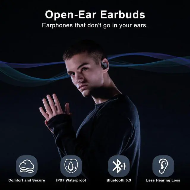 Alt view image 2 of 7 - Open Ear Headphones, Open Ear Earbuds, IPX7 Waterproof, Bluetooth 5.3 True Wireless Sports Over Ear Earbuds with Earhooks, Built-in Mic, Crystal-Clear Calls for Running Workout Cycling Driving