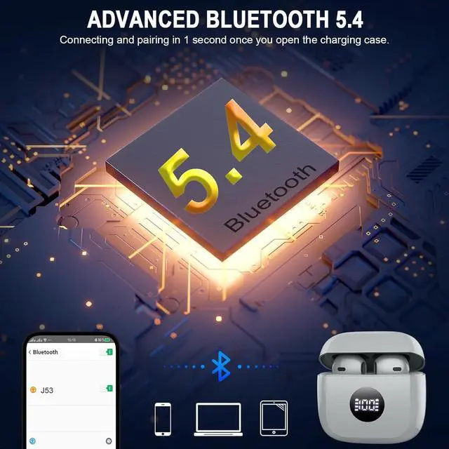Alt view image 2 of 7 - Jxrev Wireless Earbuds, Bluetooth 5.4 Earbuds Stereo Bass, Bluetooth Headphones in Ear Noise Cancelling Mic, Sports Earphones IP7 Waterproof USB C, 40H Playtime Mini Charging Case Ear Buds Gray