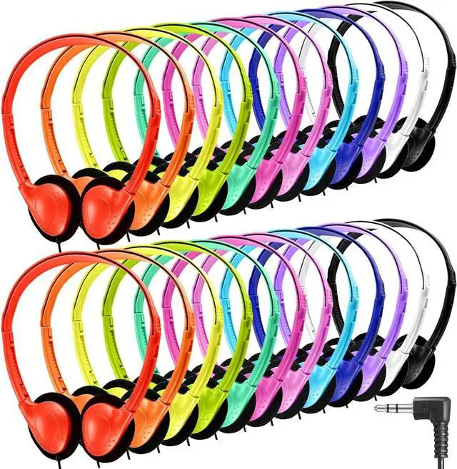 Main image of Classroom Headphones Bulk 54 Pack, Student On Ear Headsets, Comfy Swivel Earphones for Classroom, Library, School, Airplane, for Online Learning and Travel, Stereo Sound 3.5mm Jack (12 Colors)
