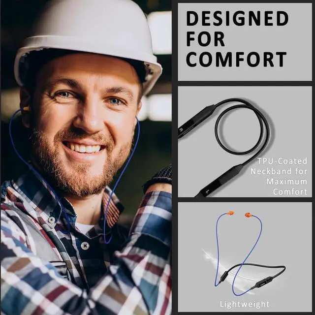 Alt view image 3 of 7 - Bluetooth Earplug Headphones for Work, Neckband Wireless Ear Plugs Earbuds, 29 dB Noise Reduction Ear Protection with Replacement Ear Tips, 30 Hour Battery, OSHA Compliant for Industrial Safety