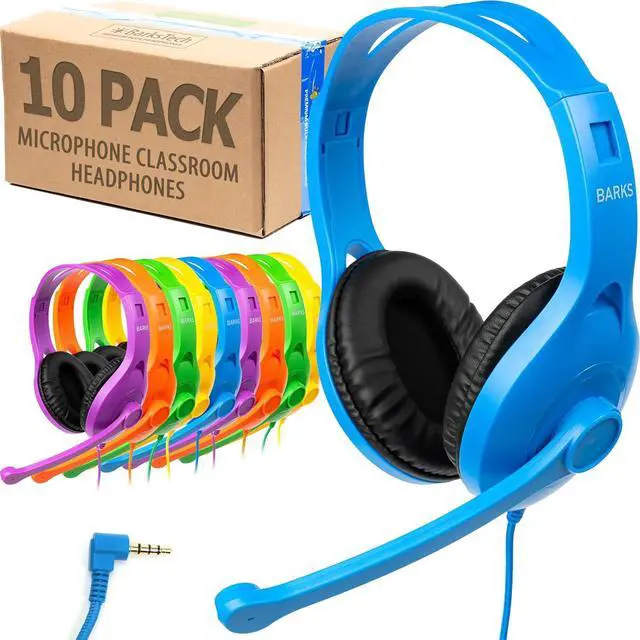 Main image of Barks Classroom Headphones with Microphone (10 Pack, Mixed Colors) - Superior On-Ear Bulk Headphones for School: Best for Students K-12 Classrooms (Rotating Boom Mic, Good Recording Quality)