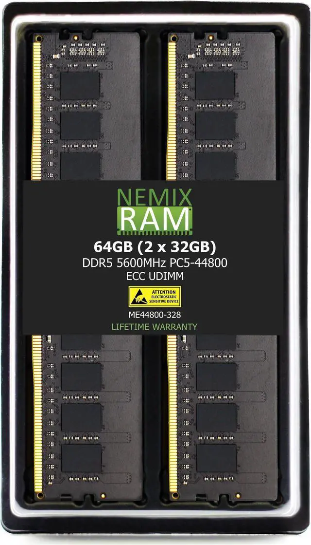 Main image of NEMIX RAM 64GB (2X32GB) DDR5 5600MHZ PC5-44800 1.1V 2Rx8 288-PIN ECC Unbuffered UDIMM KIT