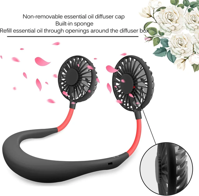 Alt view image 4 of 7 - Hands Free Neck Fan, Portable Mini Rechargeable LED Neckband Fan with Dual Wind Head and Aromatherapy for Sports, Travelling, Outdoor, Office - 3 Speeds, Battery Operated (Black)