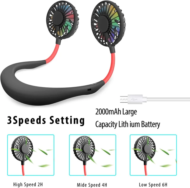 Alt view image 5 of 7 - Hands Free Neck Fan, Portable Mini Rechargeable LED Neckband Fan with Dual Wind Head and Aromatherapy for Sports, Travelling, Outdoor, Office - 3 Speeds, Battery Operated (Black)