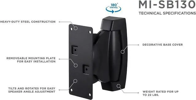 Alt view image 3 of 5 - Mount-It! Heavy-Duty Speaker Wall Mount, Universal Adjustable Design for Bookshelf, Large or Small Speakers, 1 Pair, 22 Lbs Capacity, Black