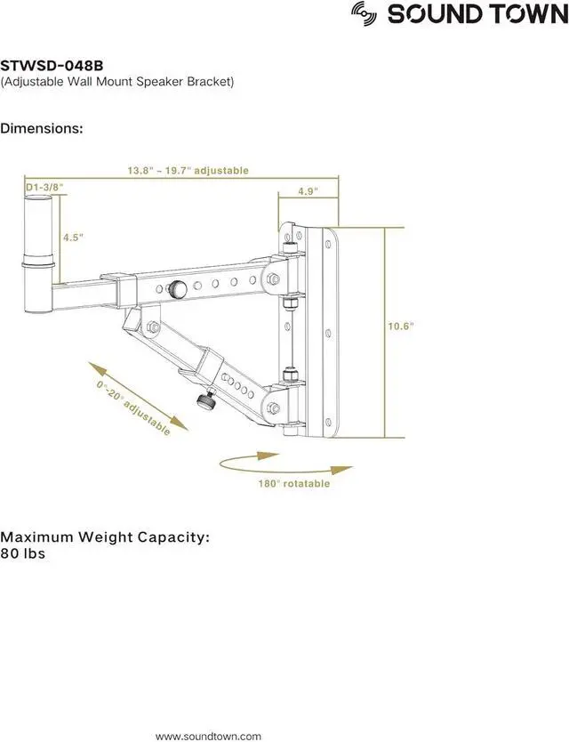 Alt view image 3 of 4 - Sound Town 2-Pack Adjustable Wall Mount Speaker Brackets with 180-degree Swivel (STWSD-048B)