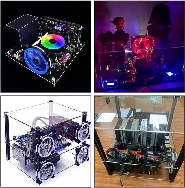 Alt view image 3 of 6 - PC Open case, DIY Double Layer Open Aluminum Frame for ITX Motherboard PC Computer case Aluminum Test Bench EATX case with 4 Blue Light Fan and Cover