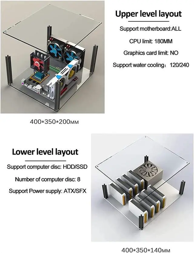 Alt view image 4 of 6 - PC Open case, DIY Double Layer Open Aluminum Frame for ITX Motherboard PC Computer case Aluminum Test Bench EATX case with 4 Blue Light Fan and Cover