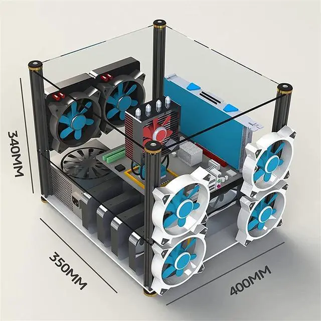 Alt view image 5 of 6 - PC Open case, DIY Double Layer Open Aluminum Frame for ITX Motherboard PC Computer case Aluminum Test Bench EATX case with 4 Blue Light Fan and Cover