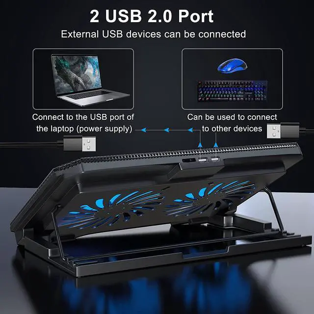 Alt view image 4 of 6 - Laptop Cooling Pad with Adjustable Height Two 5.1 Inches Fan 2 USB Ports Suitable for 12"-15.6" LaptopsBlack