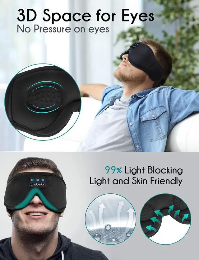 Alt view image 3 of 7 - LC-dolida Sleep Mask with Bluetooth Headphones Bluetooth Sleep Mask Sleep Headphones,3D Eye Mask for Sleeping Mask Music Sleeping Headphones for Side Sleepers Meditation Gifts Gadgets for Men Women