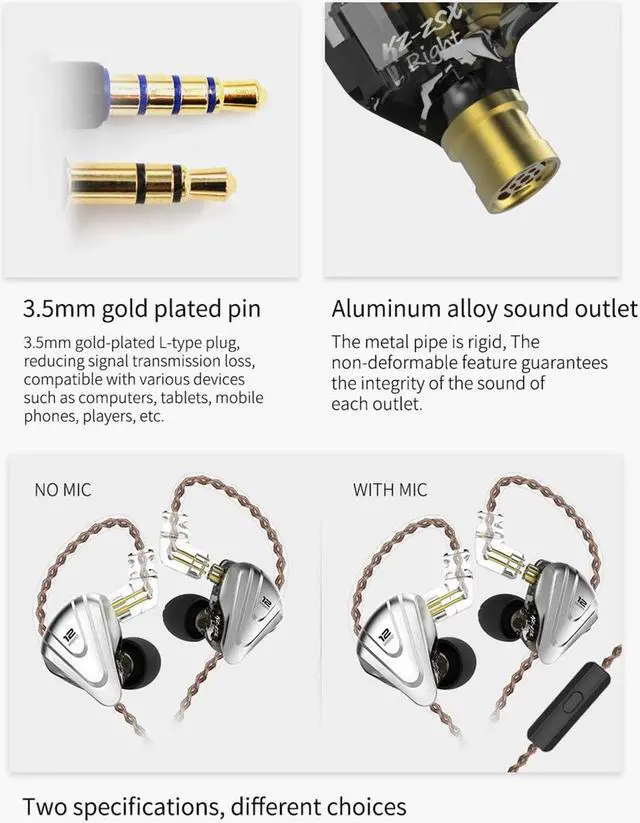 Alt view image 7 of 7 - in-Ear Monitors,KZ ZSX 1DD+5BA Hybrid HiFi Stereo Noise Isolating Sport IEM Earphones/Earbuds/Headphones with Detachable Cable, Computer (Without MIC, Black)