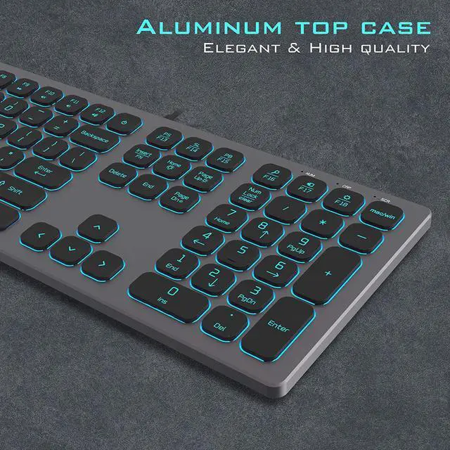 Alt view image 2 of 6 - Aluminum Quiet Wired Keyboard Backlit- Slim Chiclet Keyboard Compatible with Apple iMac, MacBook, Mac and PC, USB Numeric Keypad RGB Lighted Key - Space Gray