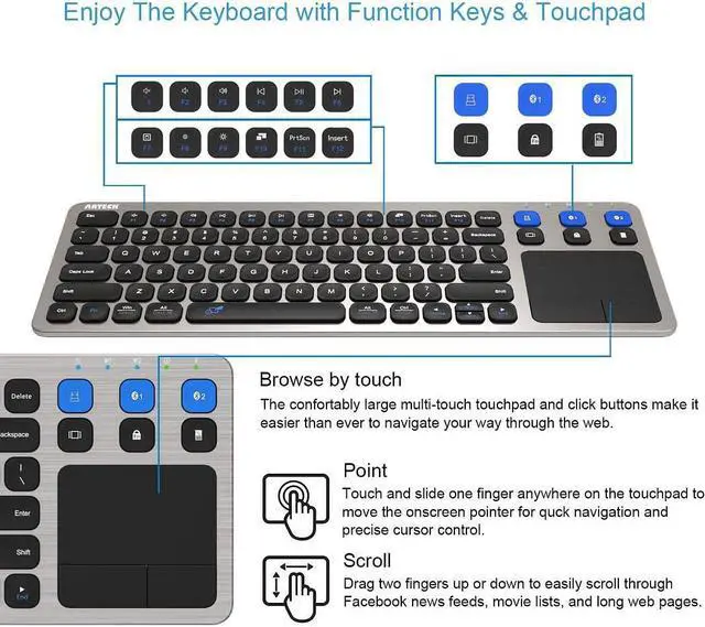 Alt view image 3 of 7 - Arteck Universal 2.4G Wireless and Bluetooth Touch TV Keyboard Multi-Device with Easy Media Control and Build-in Touchpad Wireless Keyboard for Smart TV, TV Box, TV-Connected Computer, Mac, HTPC