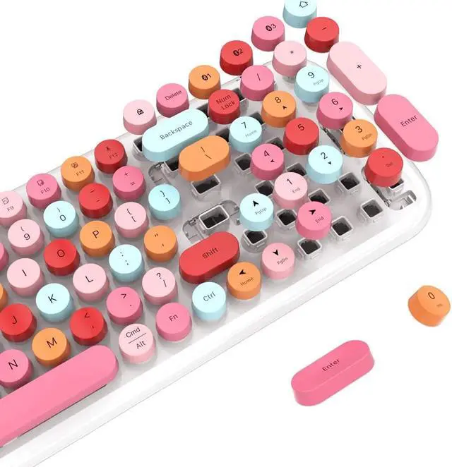 Alt view image 2 of 7 - Wireless Bluetooth Keyboard, Portable 100-Key Typewriter Retro Round Keycaps Keyboard, Compatible with iOS, Android, Windows, PC, Perfect for Home/School/Office/Travel Keyboards (Lipstick Colors)
