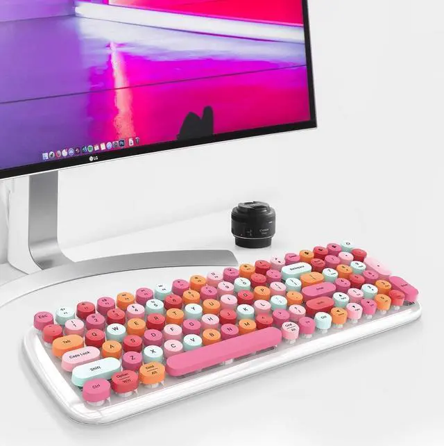 Alt view image 3 of 7 - Wireless Bluetooth Keyboard, Portable 100-Key Typewriter Retro Round Keycaps Keyboard, Compatible with iOS, Android, Windows, PC, Perfect for Home/School/Office/Travel Keyboards (Lipstick Colors)