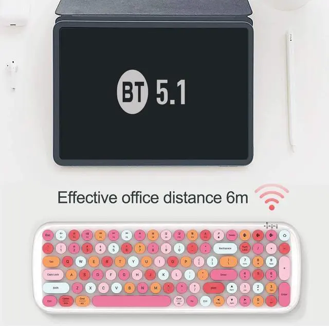 Alt view image 4 of 7 - Wireless Bluetooth Keyboard, Portable 100-Key Typewriter Retro Round Keycaps Keyboard, Compatible with iOS, Android, Windows, PC, Perfect for Home/School/Office/Travel Keyboards (Lipstick Colors)