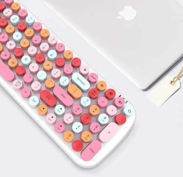 Alt view image 7 of 7 - Wireless Bluetooth Keyboard, Portable 100-Key Typewriter Retro Round Keycaps Keyboard, Compatible with iOS, Android, Windows, PC, Perfect for Home/School/Office/Travel Keyboards (Lipstick Colors)
