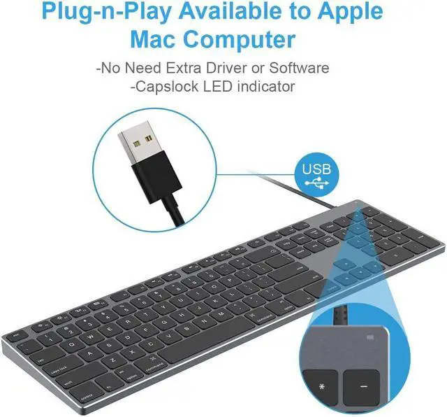 Alt view image 5 of 7 - Aluminum USB Wired Keyboard with Numeric Keypad for Mac Pro Mini Mac iMac iMac Pro MacBook Pro/Air Laptop and PC Computer