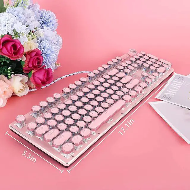 Alt view image 3 of 7 - Retro Steampunk Typewriter-Style Gaming Keyboard, Blue Switches,Pure White Backlight, USB Wired, for PC Laptop Desktop Computer, for Game and Office, Stylish Pink Mechanical Keyboard Round Keycaps